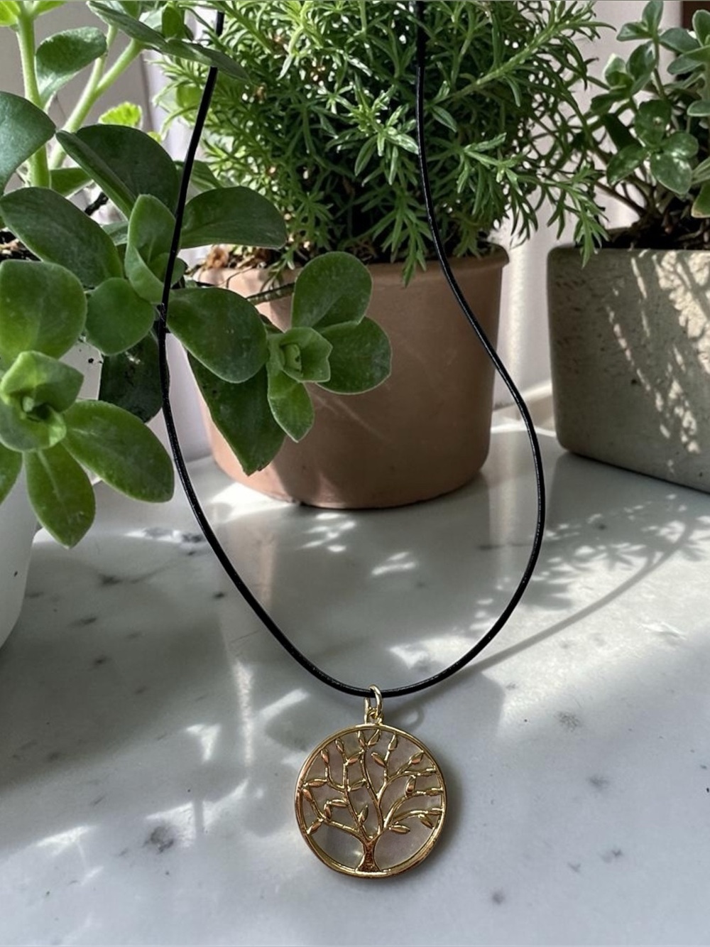 Gold Tree of Life Pendant Necklace with Black Leather Cord